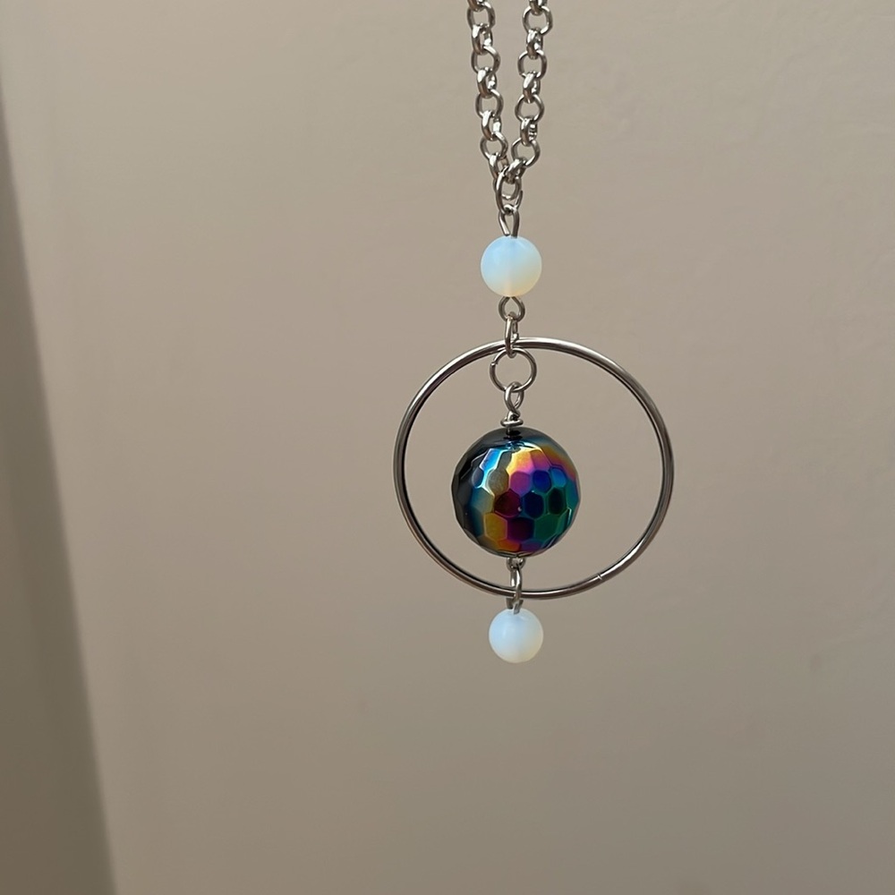 Iridescent black glass stone with frosted opalite round gemstones necklace